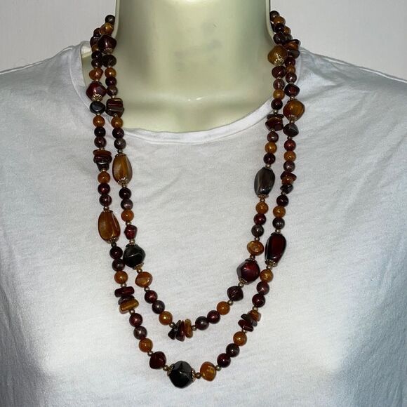 Pretty amber colored stone double layered  necklace - Picture 1 of 4